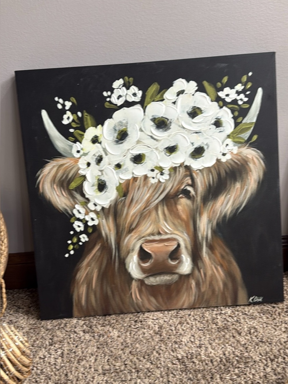 Floral Highland Cow Canvas Wall Art - White Flowers